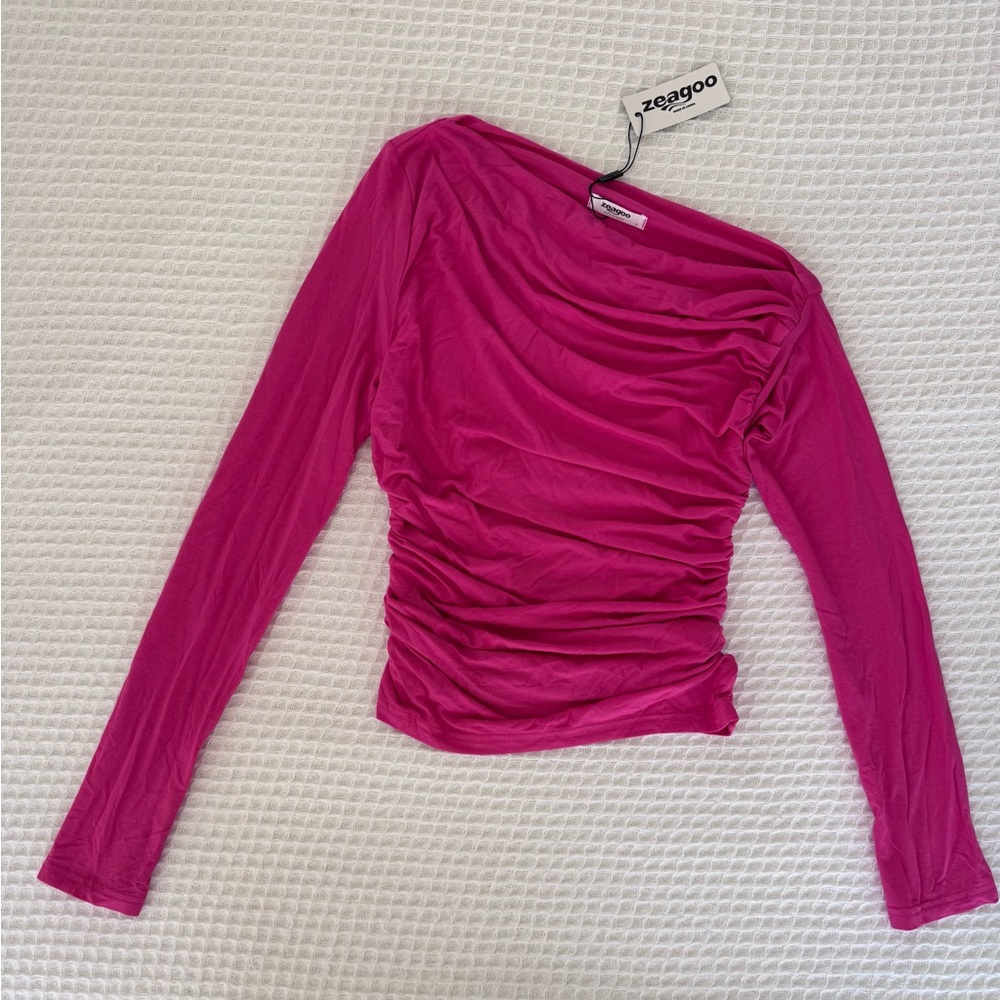 Zeagoo Pink Ruched Long Sleeve Blouse